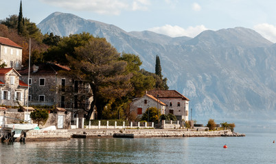 Village Perast on coast of Boka Kotor bay - Montenegro - nature and architecture background,...