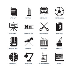 Set Of 16 icons such as Abacus, Erlenmeyer flask and bracket, Study lamp, Basketball, Ink Bottle, Paper clip, Math class, Notebook with bookmark, Open scissors icon