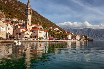 Village Perast on coast of Boka Kotor bay - Montenegro - nature and architecture background,...