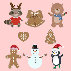 Fototapeta premium Set of cute animal, gingerbread cartoon christmas character illustration
