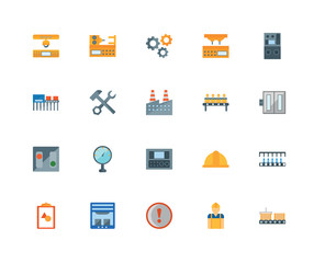 20 icons related to Conveyor, Elevator, Control panel, Machine, Plan, Lathe machine, Helmet, Packing machine signs. Vector illustration isolated on white background.