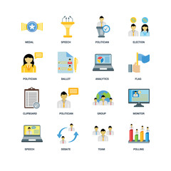 Set Of 16 icons such as Polling, Team, Debate, Speech, Monitor,