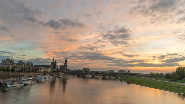Dresden Germany time lapse 4K, city skyline sunset timelapse at Elbe River