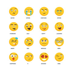 Set Of 16 icons such as Wink, Shocked, Ti, Surprised, Nerd, Muted, Eyebrows, Angry, Happy icon