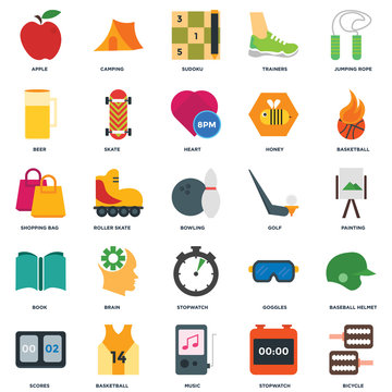Set Of 25 icons such as Bicycle, Stopwatch, Music, Basketball, Scores, Golf, Book, Beer, Sudoku, Camping icon