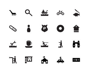 20 icons related to Dollar Bill, Chapel, Fish and a knife, Bicycle road, Viewer, magnifying glass, Skating, Medical pill signs. Vector illustration isolated on white background.