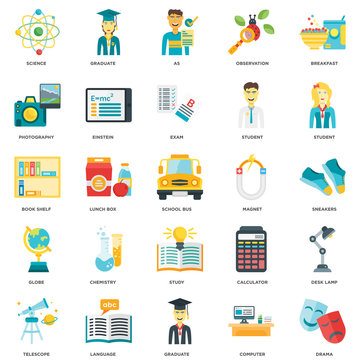 Simple Set of 25 Vector Icon. Contains such Icons as Drama, Computer, Graduate, Language, Telescope, Student, Magnet, Study, Globe, Photography, As, Graduate. Editable Stroke pixel perfect