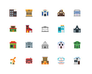 Set Of 20 icons such as House, Fountain, Building, Supermarket, Windmill, Capitol, Shop, icon pack