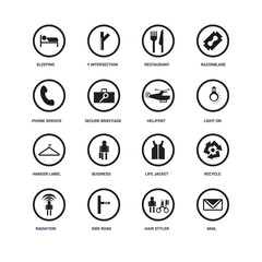 Set Of 16 icons such as Mail, Hair styler, Side road, Radiation, Recycle, Sleeping, Phone service, Hanger label, Heliport icon