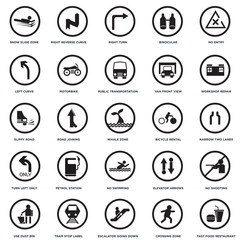 Set Of 25 icons such as Fast food restaurant, Narrow Two Lanes, Workshop repair, Right reverse curve, Use Dust Bin, Motorbike, Elevator arrows, Slippy road icon