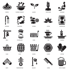 Simple Set of 25 Vector Icon. Contains such Icons as Pint beer, Comb, Bucket, Thermometer, Bast, Hourglass, Tea, Sauna, Cask, Shower, Leaves, Flower Therapy. Editable Stroke pixel perfect