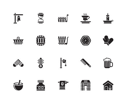 Simple Set of 20 Vector Icon. Contains such Icons as Sauna, Towel, Cream, Mortar, Candle, Clock, Bucket, Bast, Cask, Cask. Editable Stroke pixel perfect