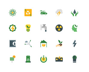 Set Of 20 icons such as Bulb, Battery, Power, Recycling bin, Solar panel, Water, Nuclear, house, Oil, Light bulb, Electric car, icon pack