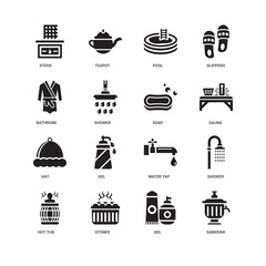 Simple Set of 16 Vector Icon. Contains such Icons as Samovar, Gel, Stones, Hot tub, Shower, Stove, Bathrobe, Hat, Soap, undefined, undefined. Editable Stroke pixel perfect