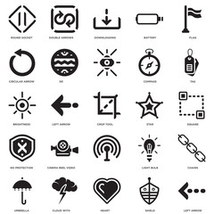 Simple Set of 25 Vector Icon. Contains such Icons as Left Arrow, Square, Tag, Double Arrows, Umbrella, De, Light bulb, Brightness. Editable Stroke pixel perfect