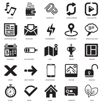 Simple Set of 25 Vector Icon. Contains such Icons as Leaf, Cassette, Home, Check, Clock, Speech balloon, Trophy, Smartphone, Cross, Newspaper page, Paperclip, Wallet. Editable Stroke pixel perfect