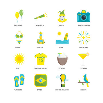 Simple Set of 16 Vector Icon. Contains such Icons as Parrot, Hot air balloon, Brazil, Flip flops, Cocktail, Balloons, Bikini, Sun, Surf, undefined, undefined. Editable Stroke pixel perfect