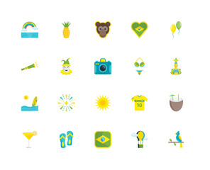 Simple Set of 20 Vector Icon. Contains such Icons as Parrot, Hot air balloon, Brazil, Flip flops, Cocktail, Balloons, Bikini, Sun, Surf, Joker, Monkey. Editable Stroke pixel perfect