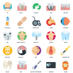 Set Of 25 icons such as Drugs, Records, Electric toothbrush, Gum, Molar, Pancreas, Breast, Arm, Skeleton, Eye drops, Microbe, Tooth icon