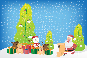 Obraz na płótnie Canvas Merry Christmas! Santa Claus in Christmas snow scene. Christmas greeting card. vector illustration.