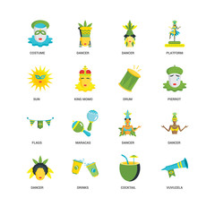 Simple Set of 16 Vector Icon. Contains such Icons as Vuvuzela, Cocktail, Drinks, Dancer, Costume, Sun, Flags, Drum, undefined, undefined. Editable Stroke pixel perfect