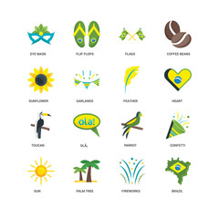 Simple Set of 16 Vector Icon. Contains such Icons as Brazil, Fireworks, Palm tree, Sun, Confetti, Eye mask, Sunflower, Toucan, Feather, undefined, undefined. Editable Stroke pixel perfect