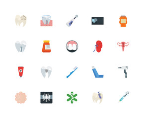 Set Of 20 icons such as Syringe, Teeth, Medicine, X ray, Brain, Drugs, Kidney, Tooth Brush, Ointment, Pills, Electric toothbrush, icon pack