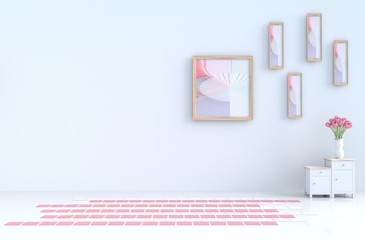 White empty room of love decor with cement wall,tiles,bedside table,picture frame, Tulip in glass vase. Valentine's day and new year. 3D render.