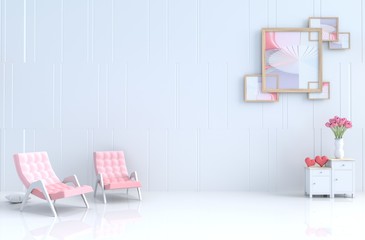 White living room of love decor with pink arm chair, cement wall,tiles,red heart, bedside table, Picture frame, Tulip in glass vase. Valentine's day and new year. 3D render.