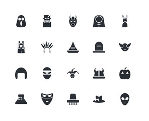 Set Of 20 icons such as Alien, Hat, Mexican hat, Mask, Dress, Bunny, Death, Joker, Wig, Indian, Devil mask, icon pack