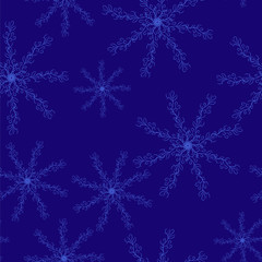 Fototapeta na wymiar Snowflake seamless pattern on dark blue background. Snowflakes consist of hand drawn floral elements. Abstract wallpaper, wrapping decoration. Symbol winter, Merry Christmas holiday, Happy New Year ce