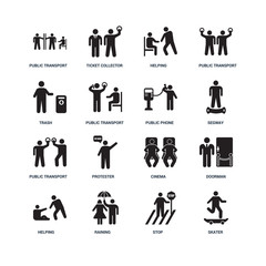 Set Of 16 icons such as Skater, Stop, Raining, Helping, Doorman,