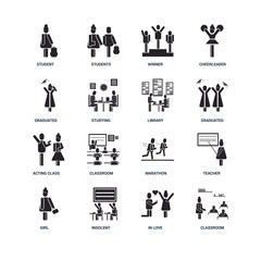 Set Of 16 icons such as Classroom, In love, Insolent, Girl, Teacher, Student, Graduated, Acting class, Library icon