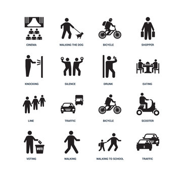 Set Of 16 icons such as Traffic, Walking to school, Walking, Vot