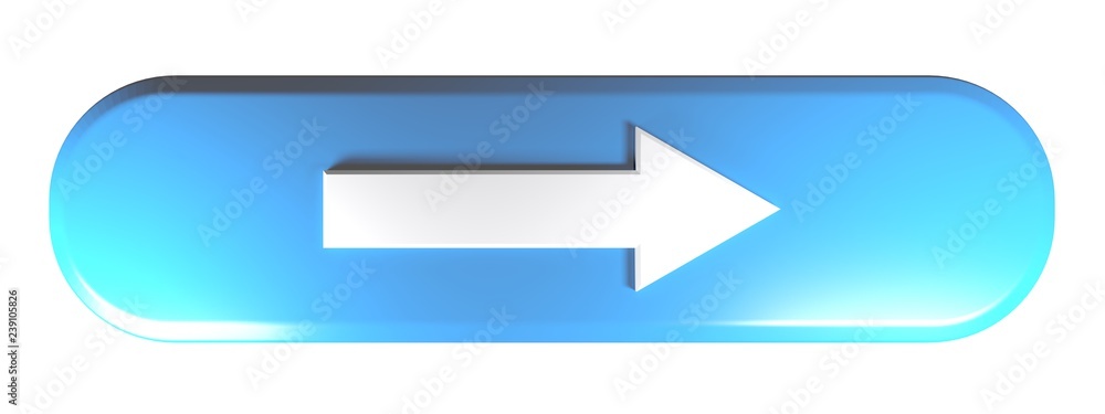 Poster blue rounded rectangle push button with an arrow to the right - 3d rendering illustration