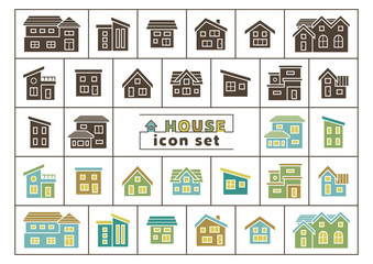 デフォルメした家のアイコンセット(シルエットとカラーシルエット)