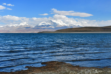  Holy Rakshas Tal lake and Gurla Mandhata peak in Ngari, Western Tibet, China. This lake also known...