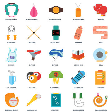 Set Of 25 icons such as Running track, Skipping rope, Strategy, Baseball bat, glove, Diet, Boxing ring, Basketball, Golf sticks, Hand grip, Champion belt, Punching ball icon