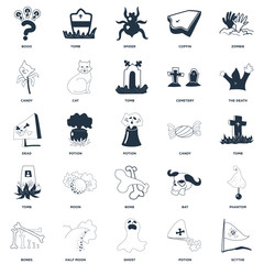 Obraz premium Set Of 25 icons such as Scythe, Potion, Ghost, Half Moon, Bones, The Death, Candy, Bone, Tomb, Spider, Tomb icon