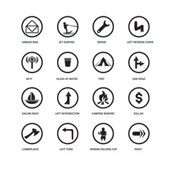 Set Of 16 icons such as Right, Woman Holding Cup, Left turn, Lumberjack, Dollar, Unread Mail, Wi fi, Sailing Boat, Tent icon
