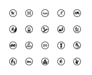 Obraz na płótnie Canvas Set Of 20 icons such as Shower place, Tracking, flyover bridge, Dormitory, Fountain, Parking Men, Airport Checking, 80 Speed Limit, Quad Bike, Tram stop, Theater, icon pack