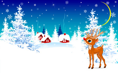 Reindeer on a winter background, greeting card 1