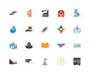Set Of 20 icons such as Safebox, Renewable energy, Gmo, Job, Landslide, Medicine, Union, Open book, Tsunami, Salary, Factory, icon pack