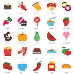 Set Of 25 icons such as Taco, Jam, Pepper, Rice, Tomato, Strawberry, Watermelon, Jelly, Onion rings, Radish, Burrito, Lobster icon