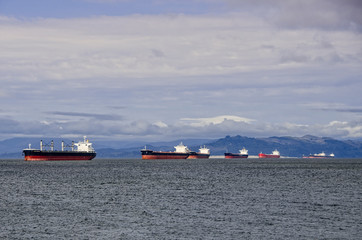 Empty container ships on Columbia River in Astoria, Oregon