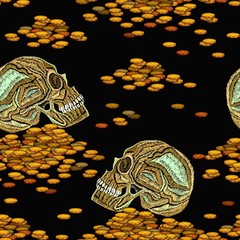 Embroidery skull and golden coins seamless pattern. Template for clothes, textiles, t-shirt design. Old pirate and ancient treasures seamless background