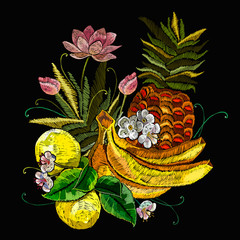 Embroidery lemons, pineapples, bananas and flowers lotus. Summer fruit art. Fashion template for clothes, textiles and t-shirt design. Botanical illustration
