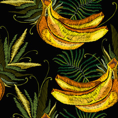 Embroidery bananas and palm leaves seamless pattern, jungle art. Fashion template for clothes, textiles and t-shirt design