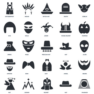 Set Of 25 icons such as Pharaoh, Hat, Helmet, Crown, Pumpkin, Suit, Hipster, Wig, Witch hat, Indian icon
