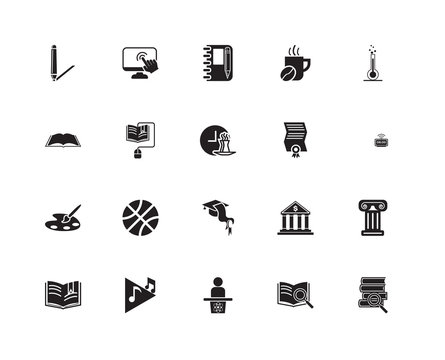Set Of 20 icons such as Stack of books and magnifier, Alarm clock, Erlenmeyer flask, Cup hot coffee, Book with bookmark, Touch screen, Bank, Open book, icon pack